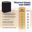 Zwarte wasmand met bamboe frame, waterafstotend materiaal, premium stof, knopen en een ruimtebesparend ontwerp.