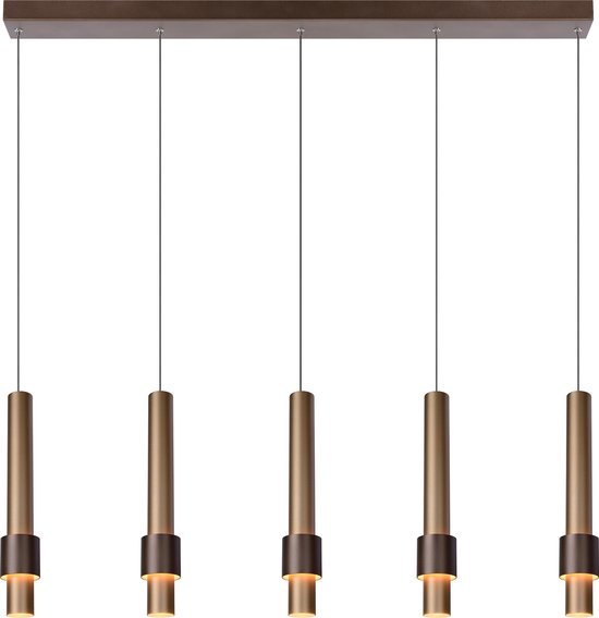 Vijf bronzen hanglampen met bruine ringen, bevestigd aan een rechthoekige bruine plafondplaat.