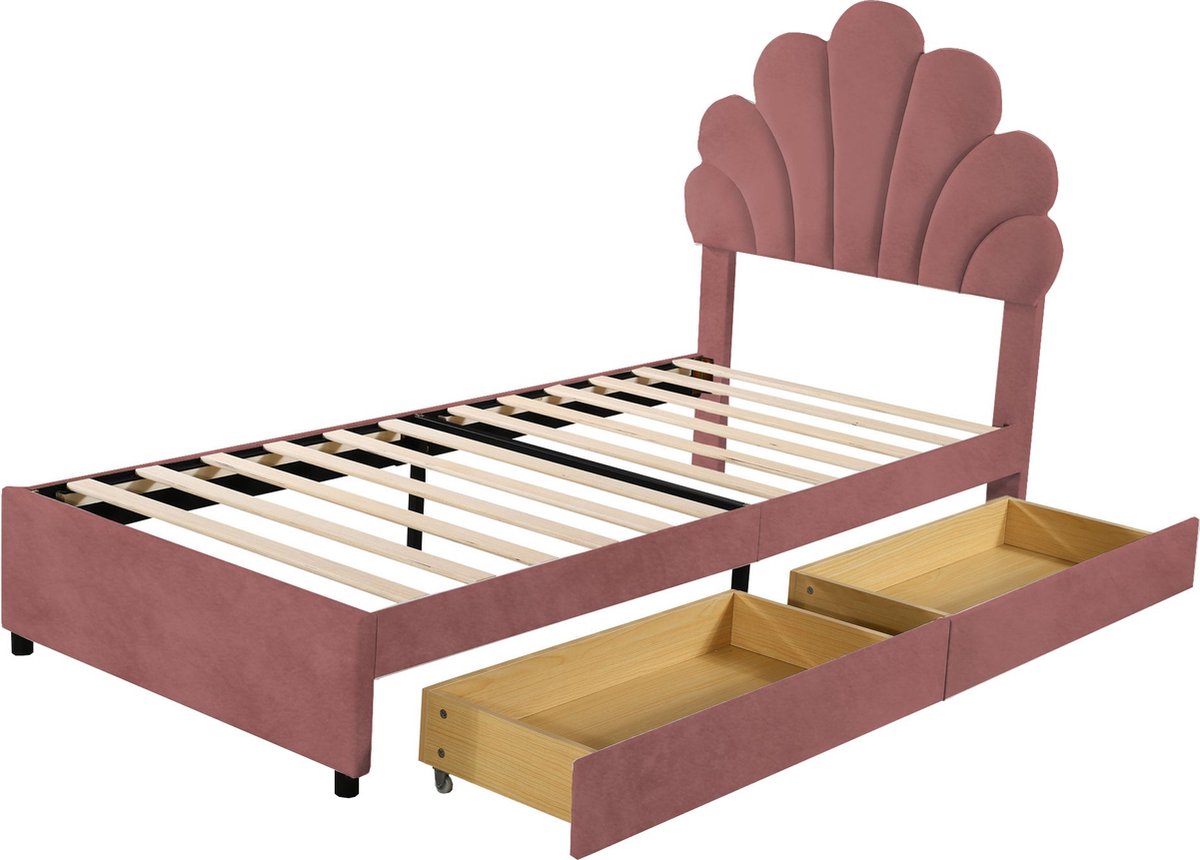 Merax Eenpersoonsbed met Bloemvormig Hoofdbord en 2 Opberglades - 90x200 cm Velvet Gestoffeerd Bed - Roze