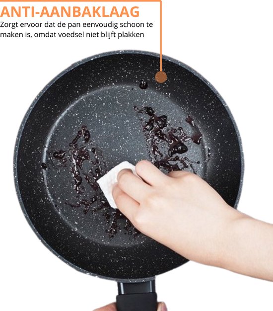 Hand veegt zwarte koekenpan met granieten look schoon, met tekst 'ANTI-AANBAKLAAG'.