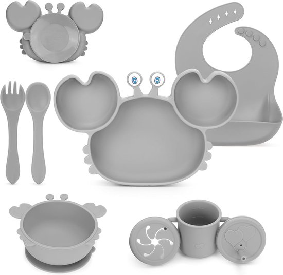MOJINL Siliconen babyserviesset, antislip, kinderserviesset met zuignap, 7 stuks, BPA-vrij, eetbestek, sets met lepel, vork, kom, slabbetje, beker, drinkbeker en bord met deksel