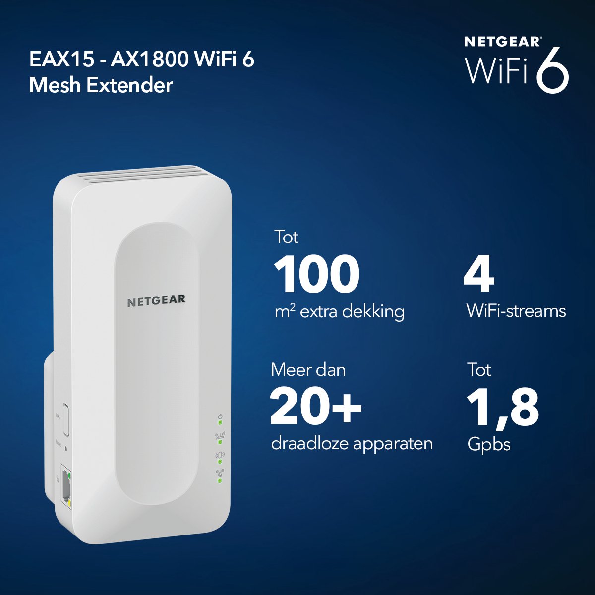 Afbeelding 2 van NETGEAR Nighthawk EAX15 - Mesh WiFi Repeater - Dual-Band - 1800 Mbps - WiFi 6