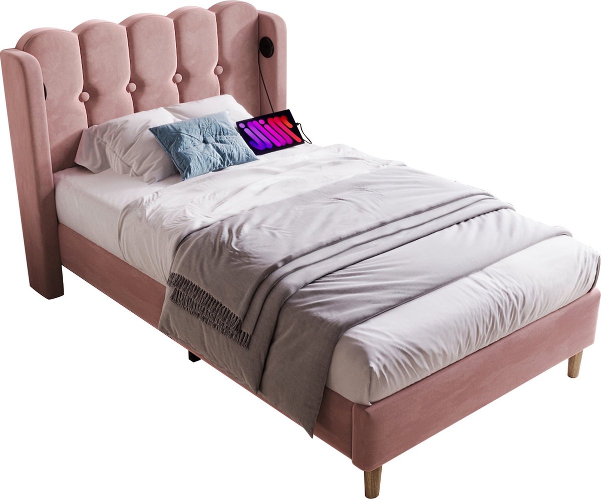 Merax Gestoffeerd Eenpersoonsbed met USB-C Aansluiting - 90x200 cm Velvet Bed - Roze