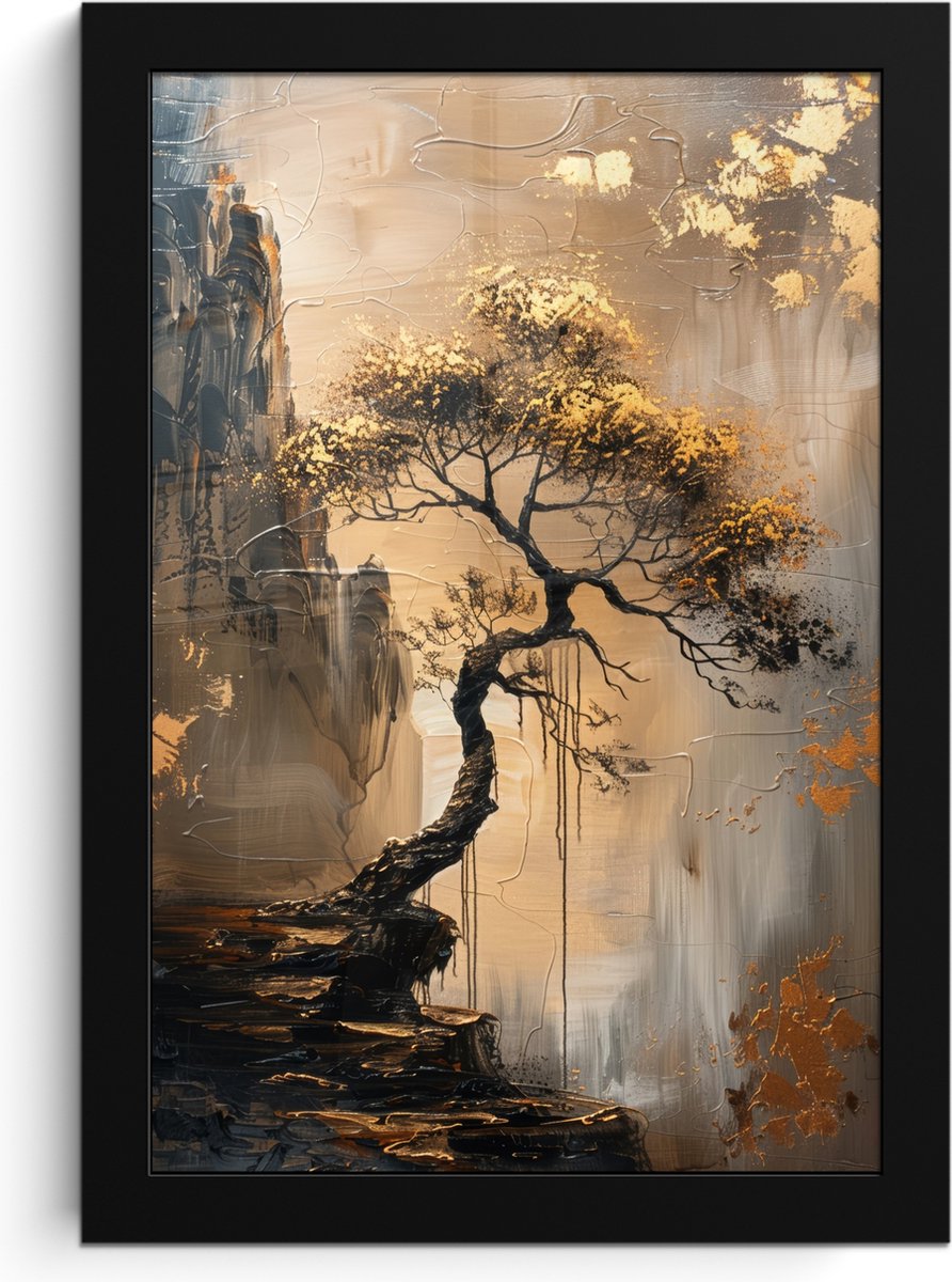 FrameYourWall Poster in lijst - Fotolijst 20x30 cm - Posters - Boom - Goud - Landschap - Verf - Posterlijst zwart - Decoratie - Wanddecoratie woonkamer - Muurdecoratie slaapkamer