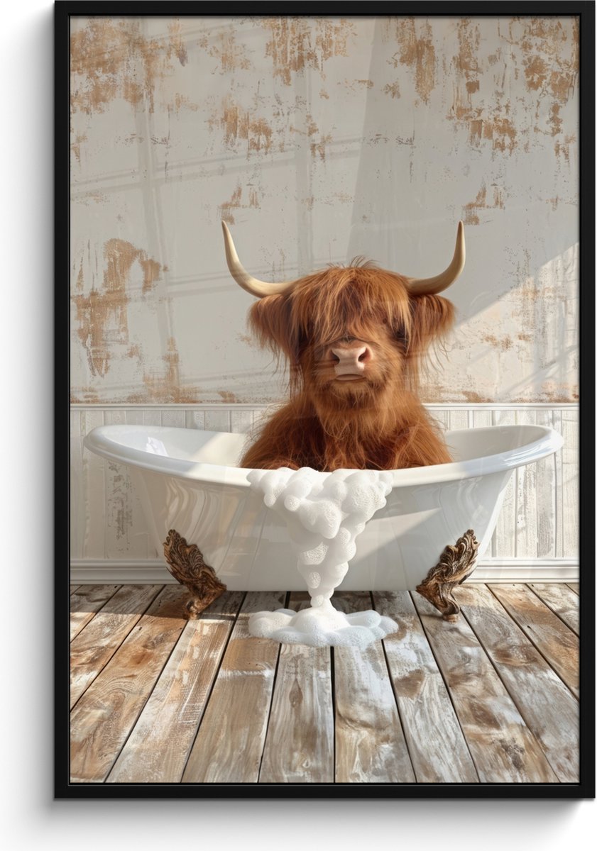 FrameYourWall Poster in lijst - Fotolijst 80x120 cm - Posters - Schotse hooglander - Badkuip - Vintage - Koe - Posterlijst zwart - Wanddecoratie badkamer - Muurdecoratie WC - Decoratieve accessoires - Toilet muur decoratie