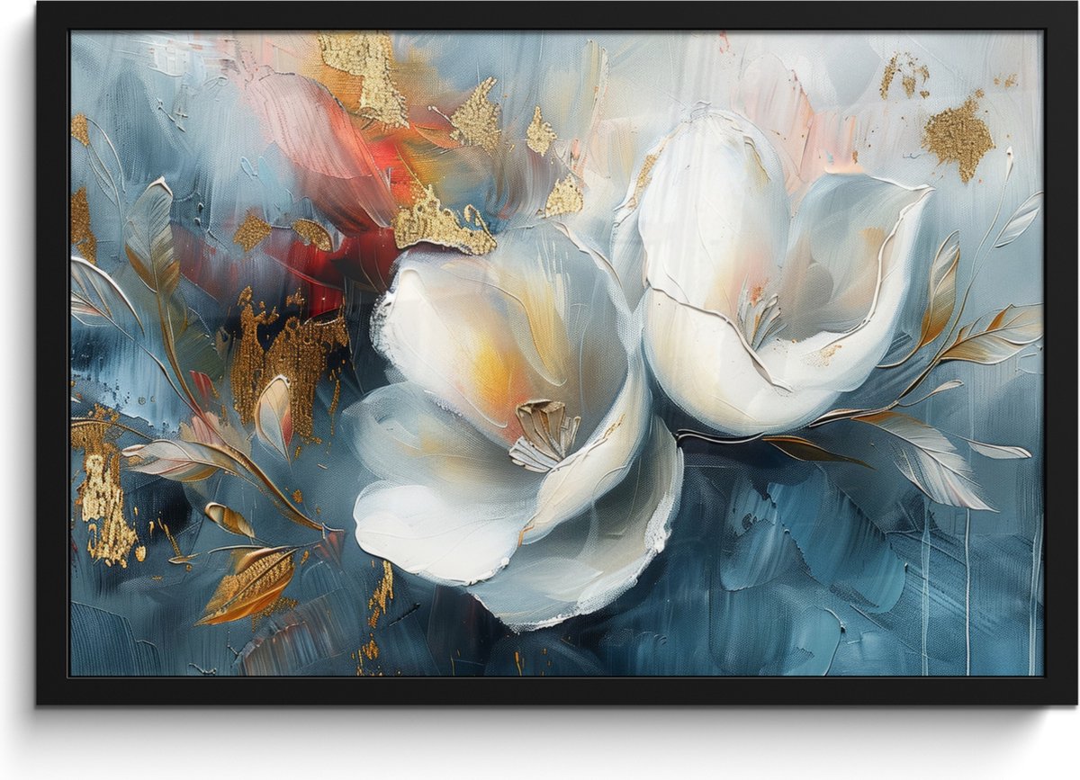 FrameYourWall Poster in lijst - Fotolijst 60x40 cm - Posters - Bloemen - Wit - Goud - Kunst - Abstract - Posterlijst zwart - Decoratie - Wanddecoratie woonkamer - Muurdecoratie slaapkamer