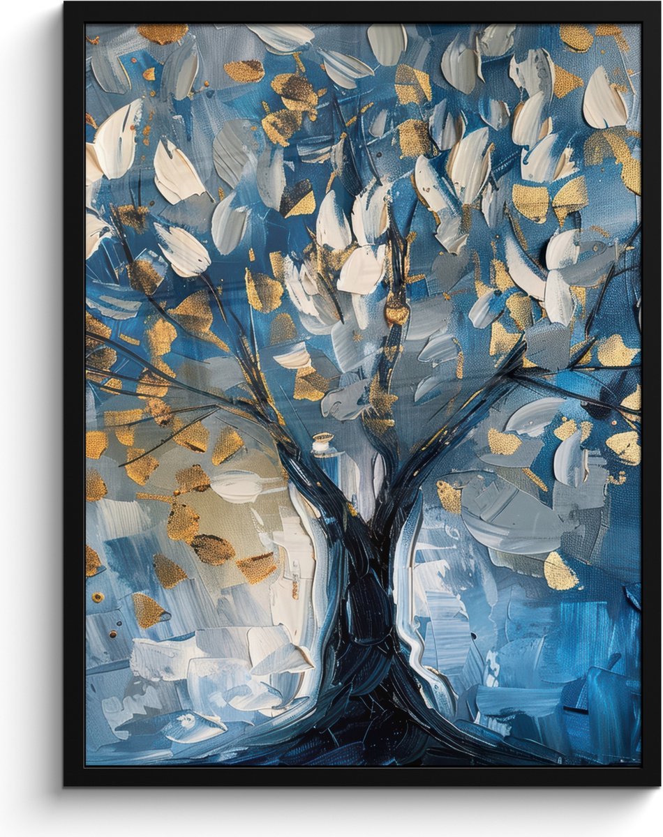 FrameYourWall Poster in lijst - Fotolijst 60x80 cm - Posters - Boom - Blauw - Goud - Abstract - Posterlijst zwart - Decoratie - Wanddecoratie woonkamer - Muurdecoratie slaapkamer Blauw - Levensboom
