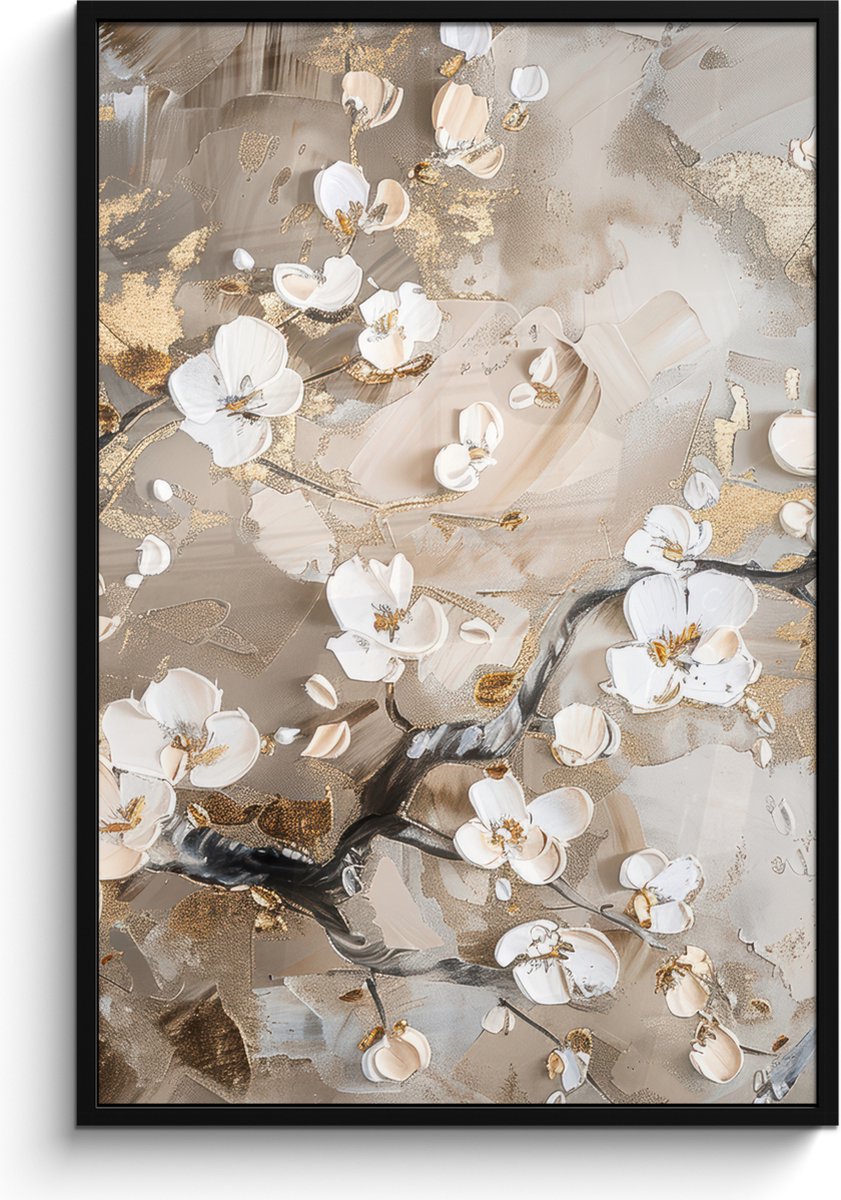 FrameYourWall Poster in lijst - Fotolijst 80x120 cm - Posters - Bloemen - Wit - Goud - Beige - Luxe - Posterlijst zwart - Decoratie - Wanddecoratie woonkamer - Muurdecoratie slaapkamer