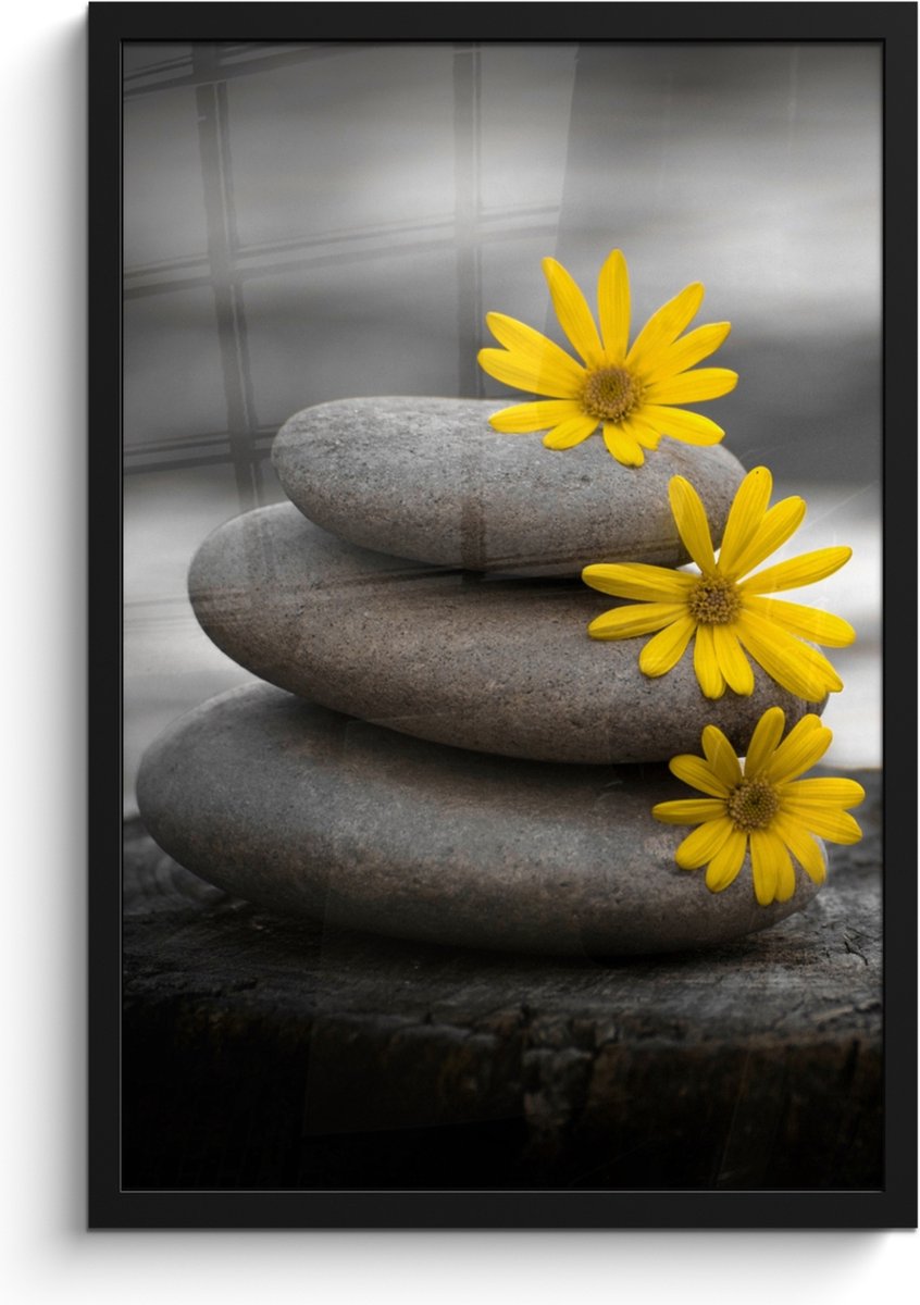FrameYourWall Poster in lijst - Fotolijst 40x60 cm - Posters - Zen stenen - Bloemen - Geel - Natuur - Posterlijst zwart - Wanddecoratie badkamer - Muurdecoratie WC - Decoratieve accessoires - Toilet muur decoratie Stenen - Grijs