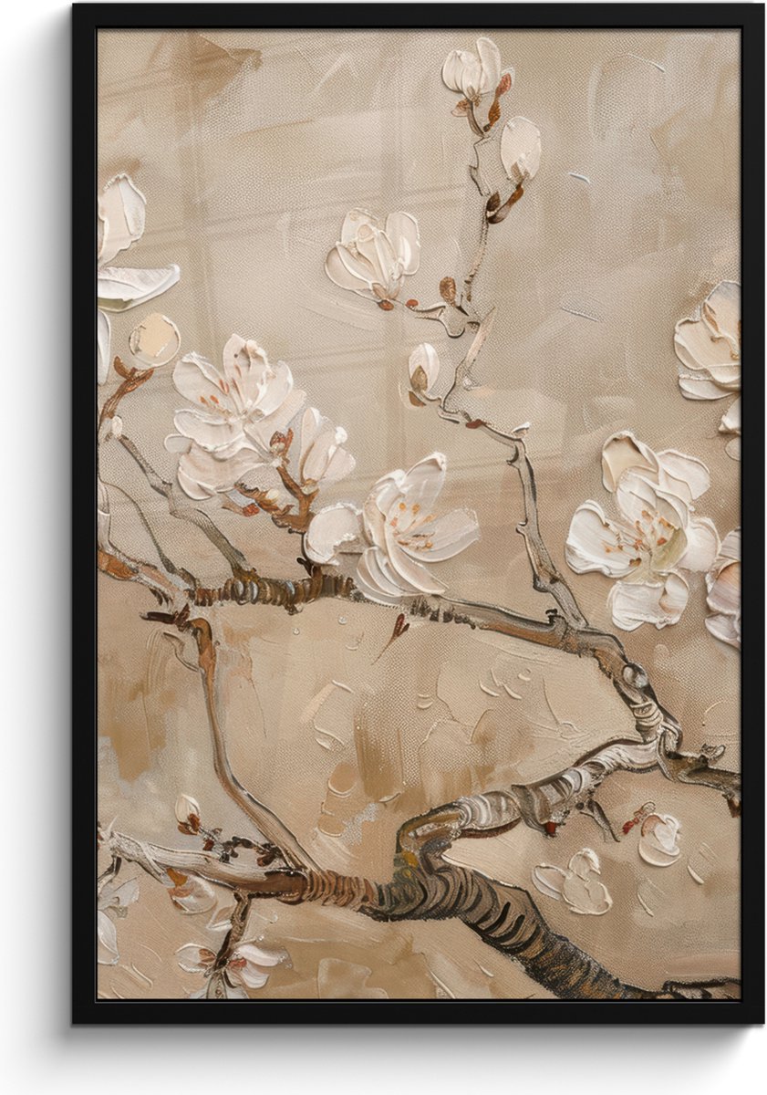 FrameYourWall Poster in lijst - Fotolijst 60x90 cm - Posters - Bloemen - Modern - Beige - Wit - Bloesem - Posterlijst zwart - Decoratie - Wanddecoratie woonkamer - Muurdecoratie slaapkamer