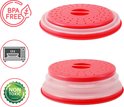 Rode inklapbare magnetrondeksel in gesloten en open positie. BPA FREE en NON TOXIC logo's.