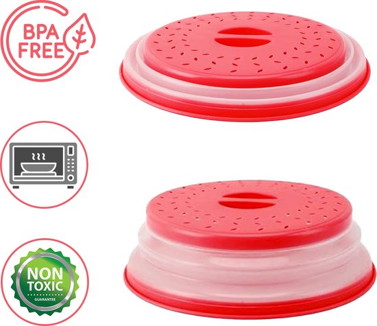 Rode inklapbare magnetrondeksel in gesloten en open positie. BPA FREE en NON TOXIC logo's.