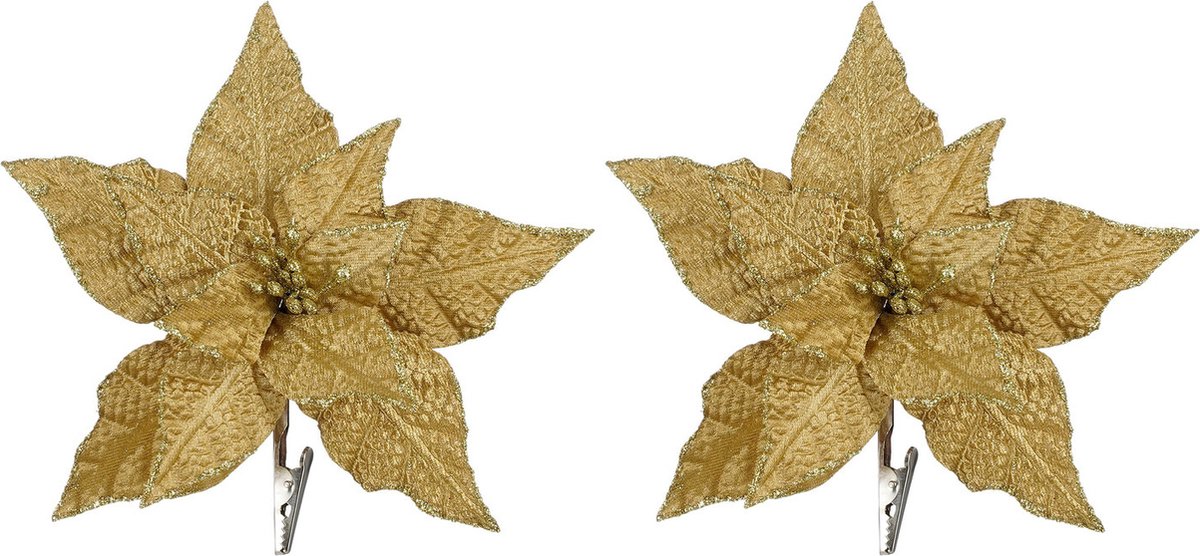 House of Seasons Decoratie bloemen op clip - 2x stuks - goud - 18 cm - polyester fluweel