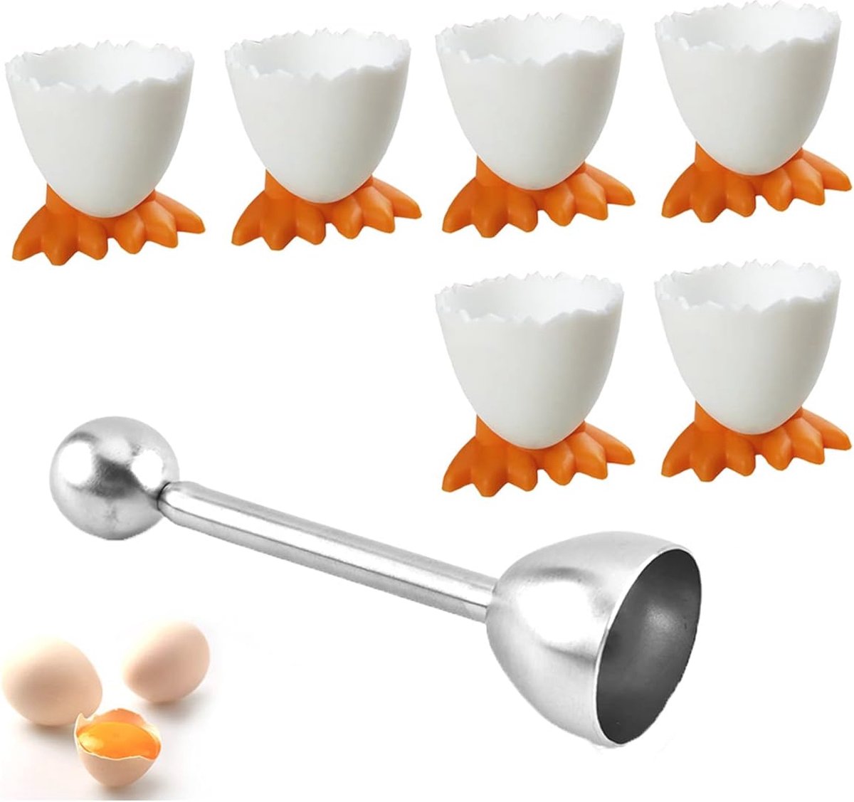 Eierdopjes Set voor Gekookte Eieren - 6 Stuks met Eieropener - Creatief en Veilig Ontbijtaccessoire