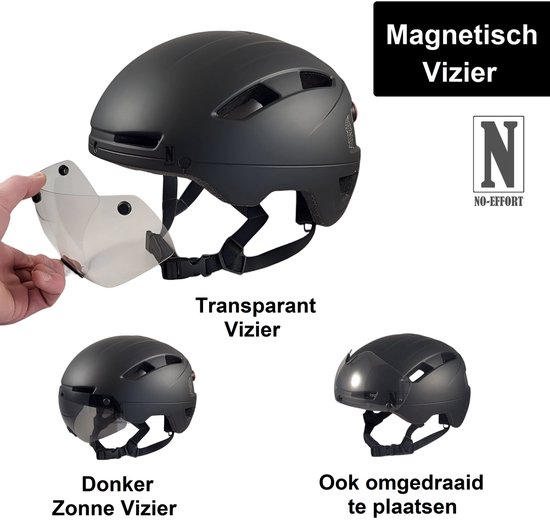 NO-EFFORT Fietshelm Volwassenen - Met LED Verlichting - Verstelbare Fiets Helm - Elektrische Fiets - Fatbike - Speedpedelec - Maat M 55 - 58 cm - Zwart - Cycling Helmet — afbeelding 2