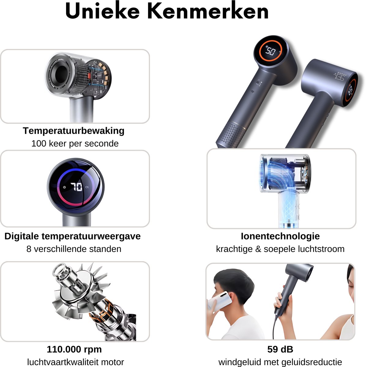 BAESS Föhn met Diffuser - Ionische Haardroger - Krullen - 8 Standen - Hair dryer - Haarföhn - Reisföhn - Coolshot - Platina thumbnail 6