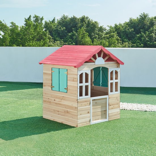 Speelhuis Lulä houten kinderhuisje voor buiten naturel rood wit groen casa.pro