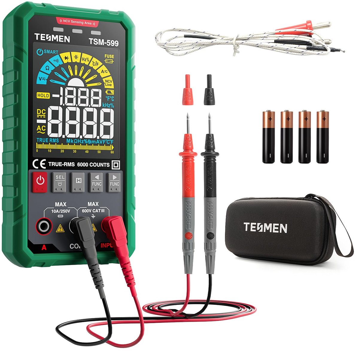 Slimme Digitale Multimeter - 6000 Counts TRMS, Voltmeter met NCV, DC/AC Spanning en Stroom, Weerstand, Diode, Capaciteit, Temperatuur, Live Draad - Groen
