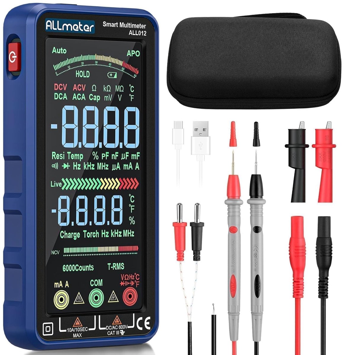 Digitale Multimeter Oplaadbaar met USB - 6000 Tellen, Groot Kleuren Display, Meet Voltage, Huidige Capaciteit, Weerstand en Continuïteit