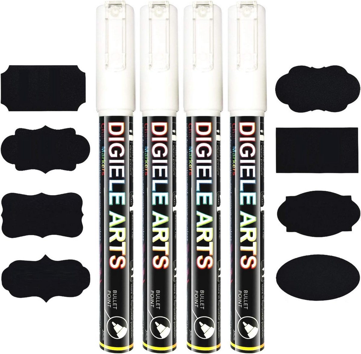 Witte Krijtstiften Set - 3 mm Omkeerbare Punt, Droog en Vochtig Afwasbaar, Perfect voor Tafelfolie, Ramen en Glas - 4 Stuks met 16 Stickers