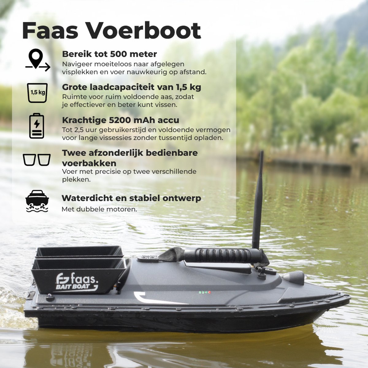 MEHOOSPVN Voederboot, 500m, 1,5kg lading, visaas, aasboot, boot om te vissen, visvinder, dubbele motor, LED-navigatorverlichting, afstandsbediening voor rivieren