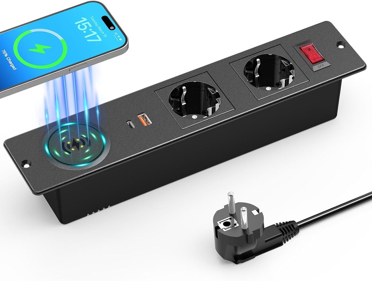 Zakelijke Tafelstopcontact met USB C en Draadloze Oplader – 2-voudige Inbouwstekkerdoos met Schakelaar en 2m Kabel