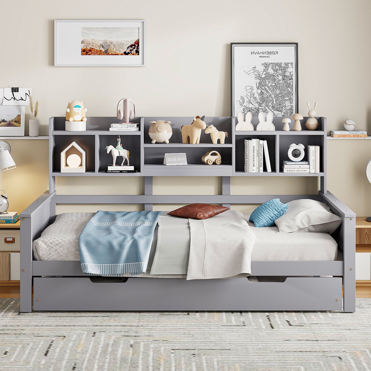 Pugsdrly Uitschuifbare slaapbank 90*200 cm van massief hout, uitschuifbaar bed 90*190 cm, met opbergvak en lattenbodem, grenen Multifunctioneel bed, eenpersoonsbed, grijs