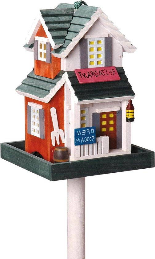 dobar 25303FSC Kleurrijk vogelvoederhuis Welcome - Vogelhuis inclusief standaard Western Style - Kleine vogelvilla van hout - Vogelvoederstation met voedersilo - 18 x 18 x 123 cm - Groen