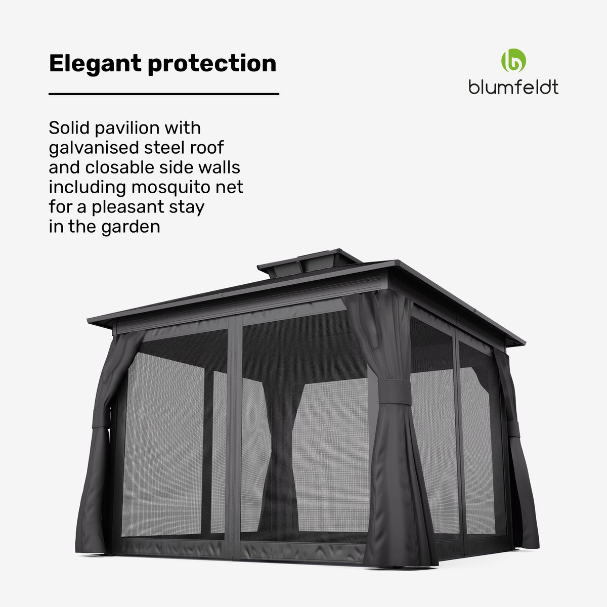 Blumfeldt Paviljoen tuinhuisje 3x3, tuinhuisje waterdicht stabiel, aluminium frame & gegalvaniseerd stalen dak, incl. gordijnen & muskietennet, UV-bescherming, weerbestendig, zwart - Tuinpaviljoen - 3x3 m - voor Tuin voor Feest - Polyester