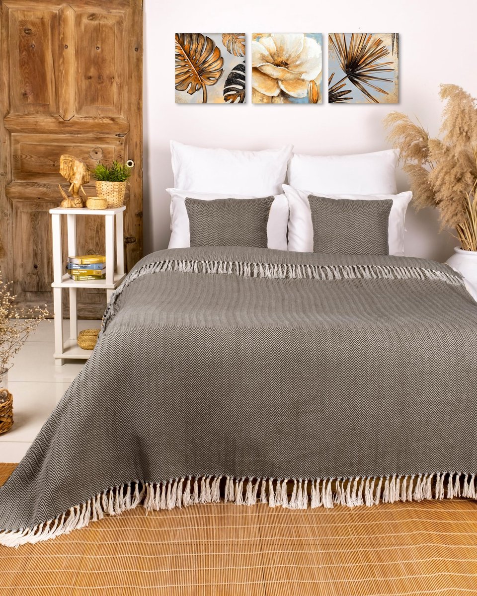 Unyqoos® Extra Grote Luxe Katoenen Sprei met Visgraatpatroon en Franjes voor Zomer en Winter