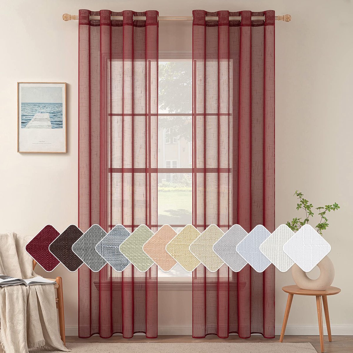 Unyqoos Transparante Linnenlook Gordijnen Met Oogjes Voor Sfeervolle Woonkamerdecoratie, Set Van 2 Stuks rood