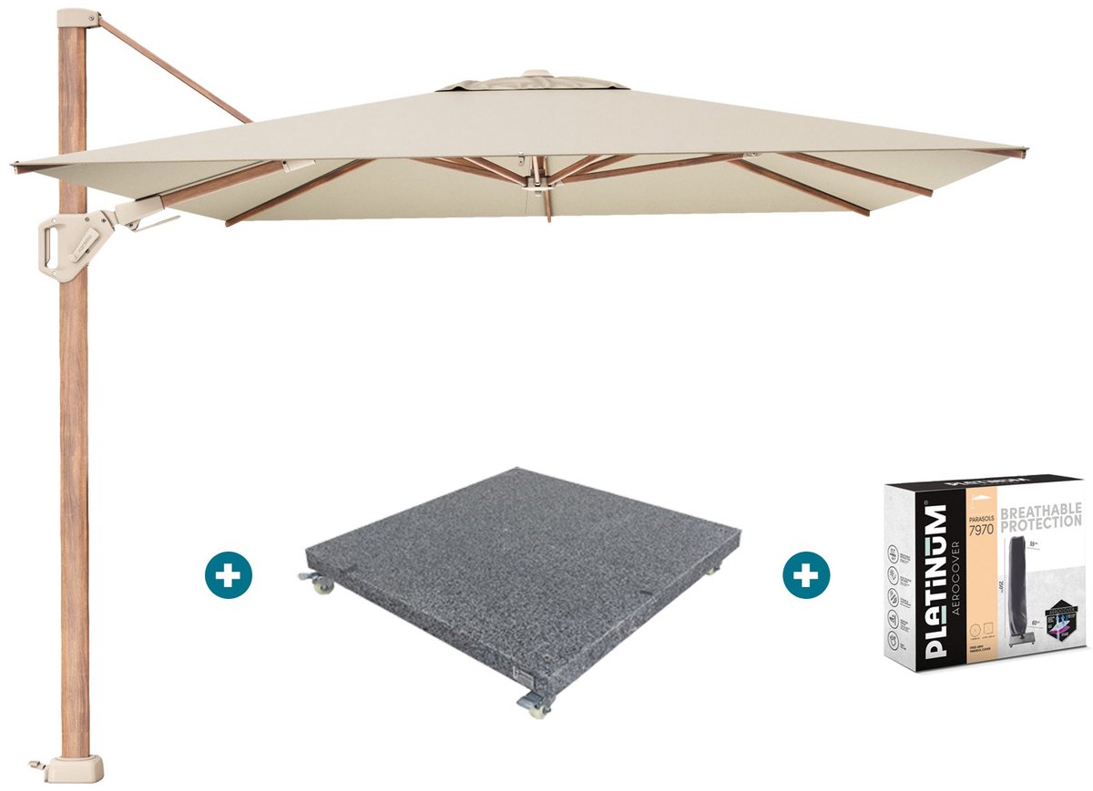 Platinum Challenger parasol Premium T2 3,5x2,6 m. - Champagne Teak - met verrijdbare parasolvoet en hoes