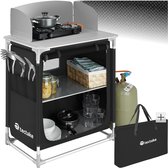 tectake® - Campingkeuken met 2 vakken - Opvouwbare campingkast, reiskeuken - Keukenkast met werkblad en opbergvakken - Buitenkeuken, voortent, caravan - Incl. draagtas - 76x53,5x107cm - zwart