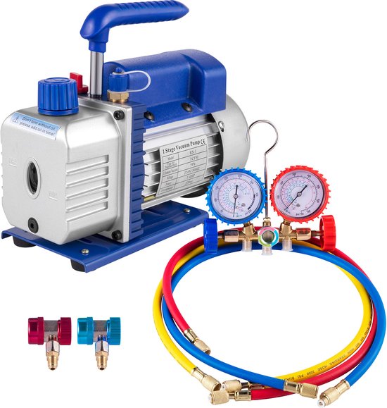 Zilveren vacuümpomp met blauwe handgreep, met manifoldmeter set en 3 gekleurde slangen.