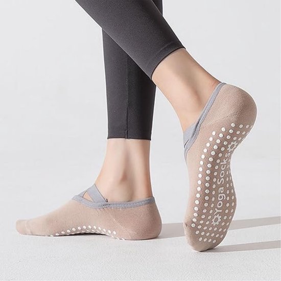 Pilates antislip sokken 4 paar - Yogasokken voor dames - met antislip bandjes en banden - voor Pilates-apparatuur, balletoefeningen en ballet - Maten 35-42 - Ademende katoenen sokken tot aan de kuit (zwart/wit/grijs/roze) — afbeelding 4