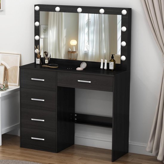 Buildonely Make-uptafel met verlichting en kruk, kaptafel met spiegel, 3 kleurtemperaturen en instelbare helderheid, kaptafel met 4 planken, 6 laden, zwart, 36 x 80 x 131 cm
