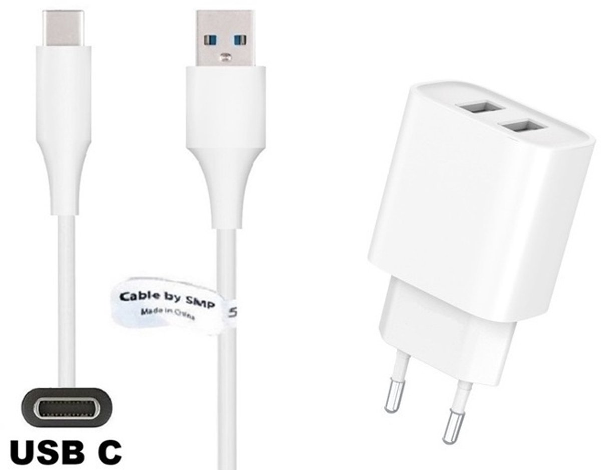 OneOne 2.4A lader met 2 poorten + 0,25m sterke USB C kabel. Standaard oplader adapter past op Samsung Galaxy Z Fold, F42, M10s, M11, M15, M1, Flip, M22, M23, M55s, M05, M53, M62, Quantum