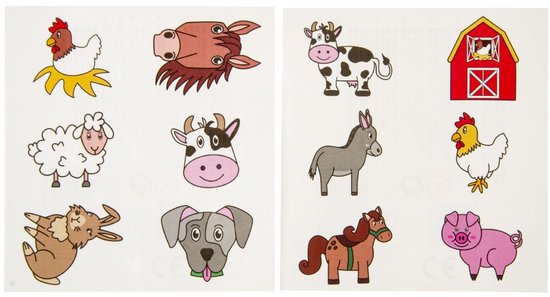 Feuilles de tatouage avec des animaux de ferme : poulet, cheval, mouton, vache, lapin, chien, cochon, âne et ferme.