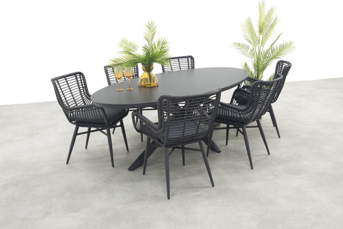 Jasmine Black/Ventaro 6-persoons ovale tuinset 240x115 cm. - Betonlook