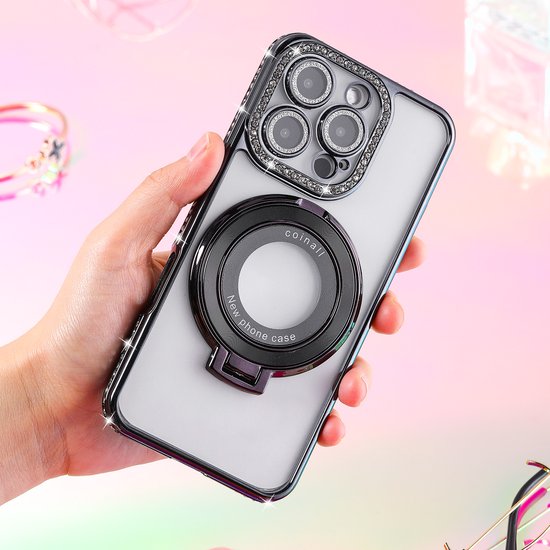 Coque compatible avec iPhone 15 Magsafe Zwart - Anneau de protection d'objectif Coque arrière de luxe Bling Sparkly Diamond