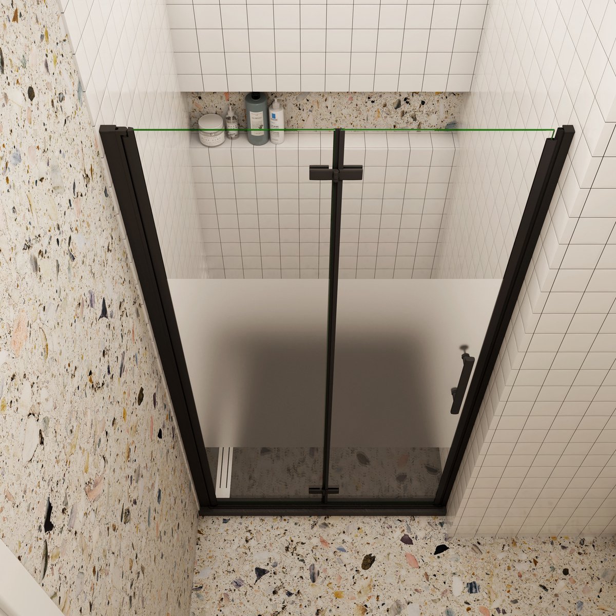 Douchedeur vouwdeur 120x195cm niche douchedeur 6mm nano veiligheidsglas ,met middenstrook, Mat Zwart Profiel