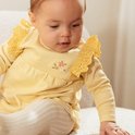 Baby met donker haar draagt een geel geruit jurkje met kanten schouderrandjes en bloemenborduring.