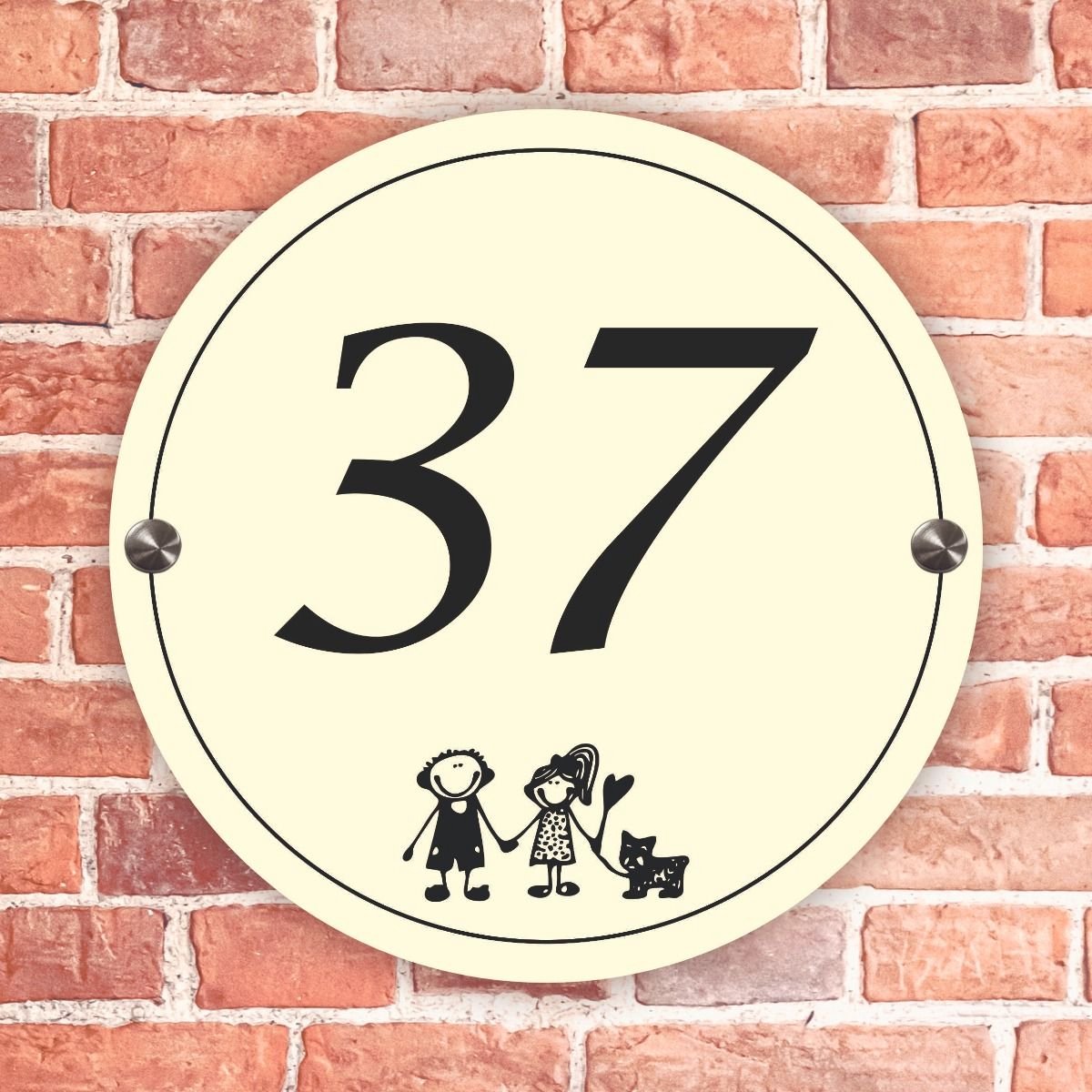 Naambordje voordeur rond lichtgeel met zwart kader - 20cm rond - Incl. RVS bevestigingsmateriaal