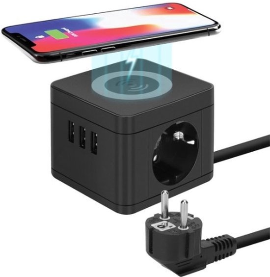 StayPowered Stekkerkubus - Compact en Draadloos Opladen voor Meerdere Apparaten - 2 Stopcontacten - 3 USB-Poorten - Qi Inductief Laadstation - 2500 W Vermogen - Kinderbeveiliging - 1,5 m Kabel - Wit - Levering Sneller dan Aangegeven!