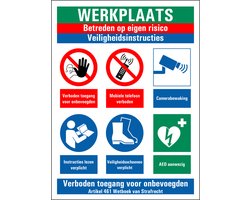 Werkplaats betreden op eigen risico bord 200 x 150 mm