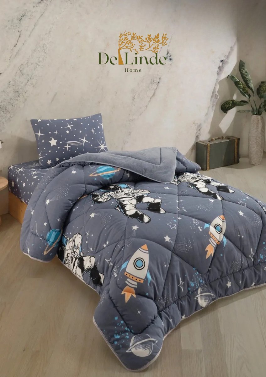 Dekbed zonder overtrek - Inclusief Kussensloop - Astronautenprint - ca. 140x200 cm - Eenpersoons - Kinderdekbed zonder overtrek - 2 in 1 Dekbed - Teddy - Zacht & Hypoallergeen - 4 Seizoenen - Dubbelzijdig - Wasbaar - Ultra Soft - De Linde Home