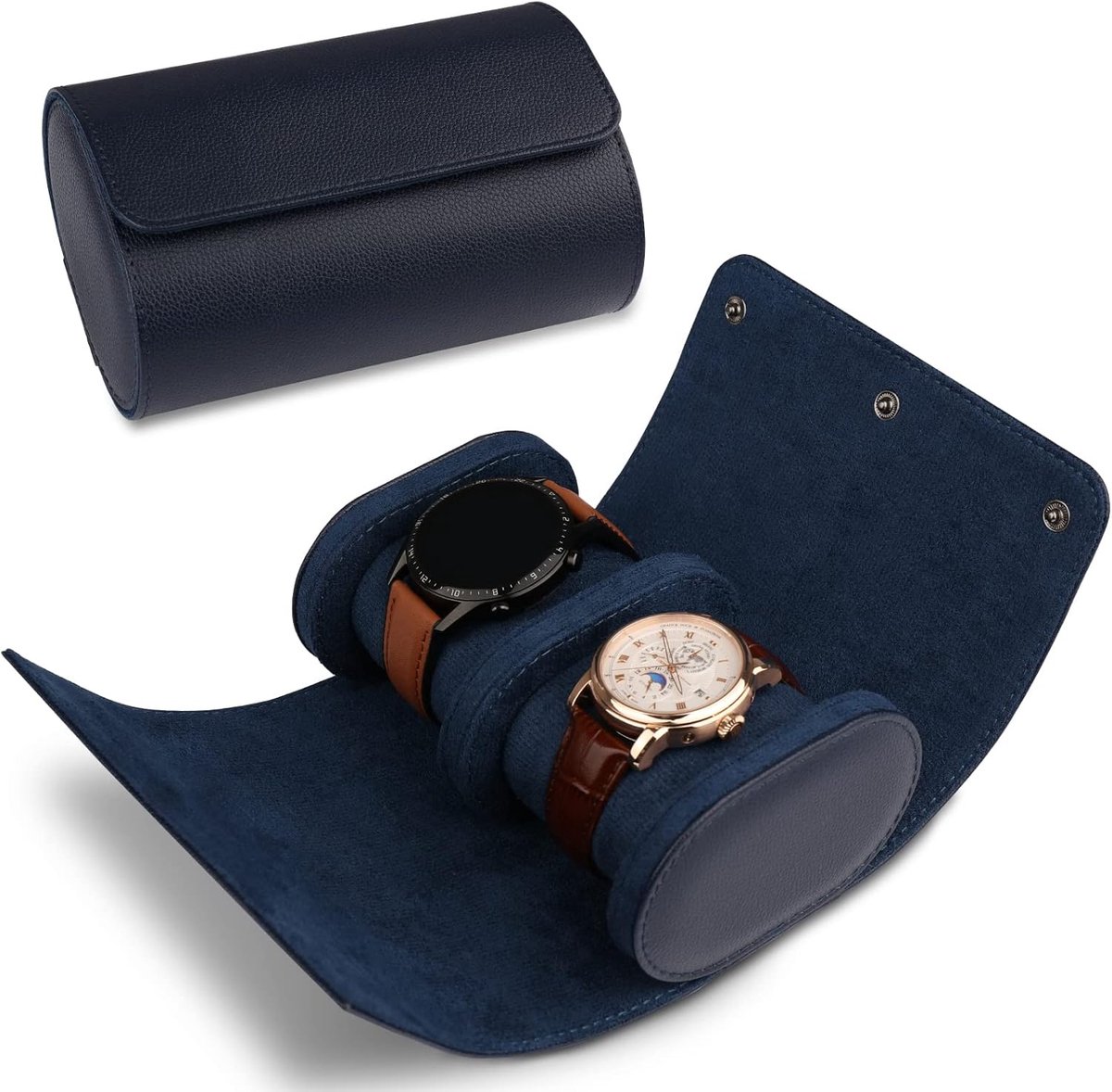 Cilindrische horlogedoos - horlogerol - vintage uitstraling - blauw - upgrade-versie