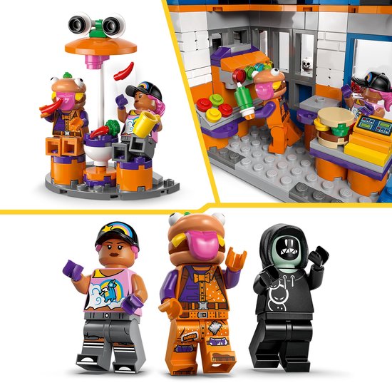 Intérieur du Restaurant Durrr Burger LEGO et trois personnages LEGO Fortnite.