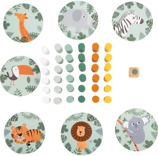 Éléments du jeu: 6 cartes rondes d'animaux de la savane, 28 bâtonnets en bois de 5 couleurs et un dé.