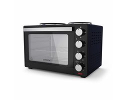 Brock Elektrische Mini Oven met 2 Kookplaten – 30L Vrijstaande Convectieoven met Grillfunctie, Timer en Dubbele Kookzones – 1600W Compacte Combi Oven voor Keuken, Studentenkamer of Camping – Zwart